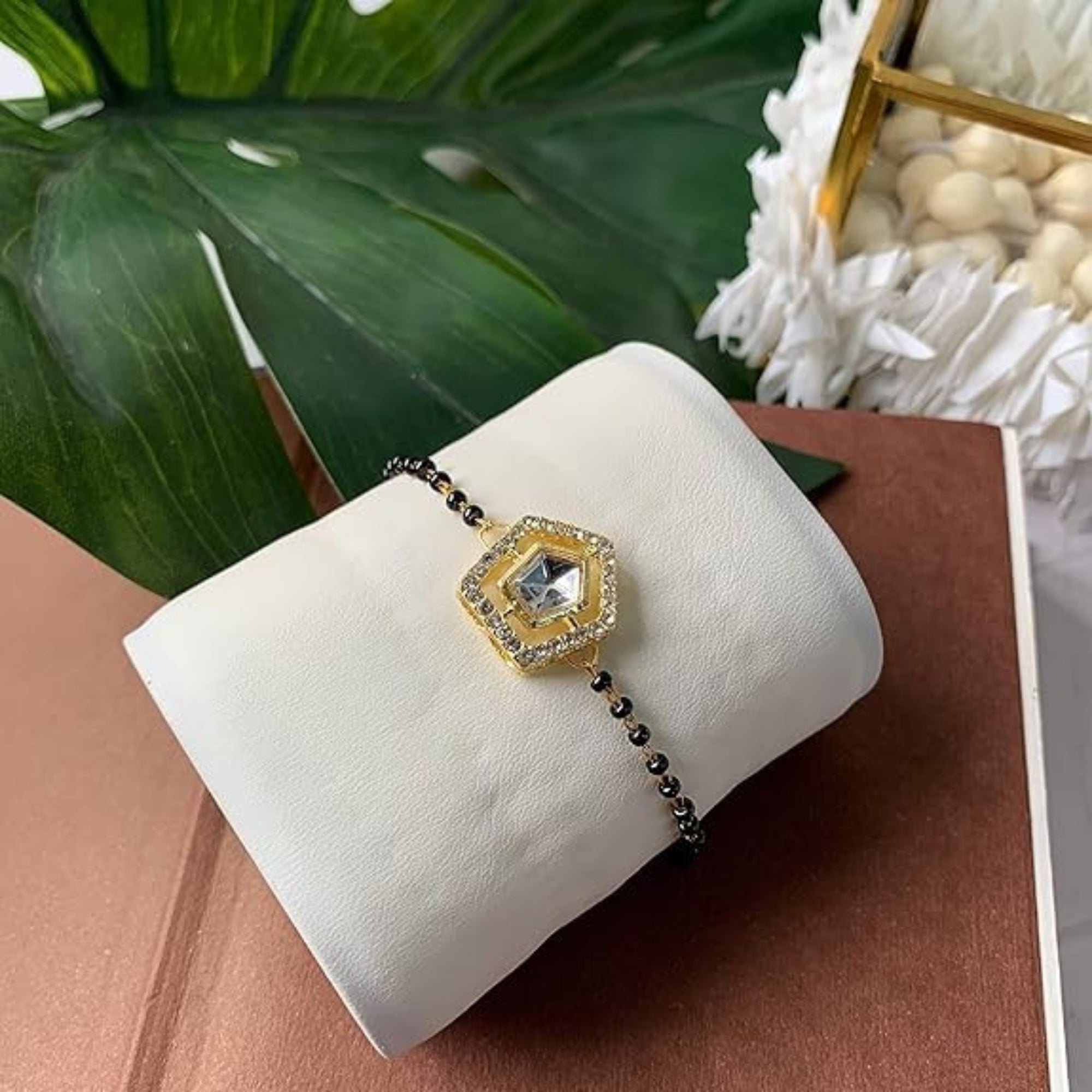 Etnico Gold Plated Traditional Adjustable Black Beads Mangalsutra Bracelet with White Pendant for Women (MB007W)