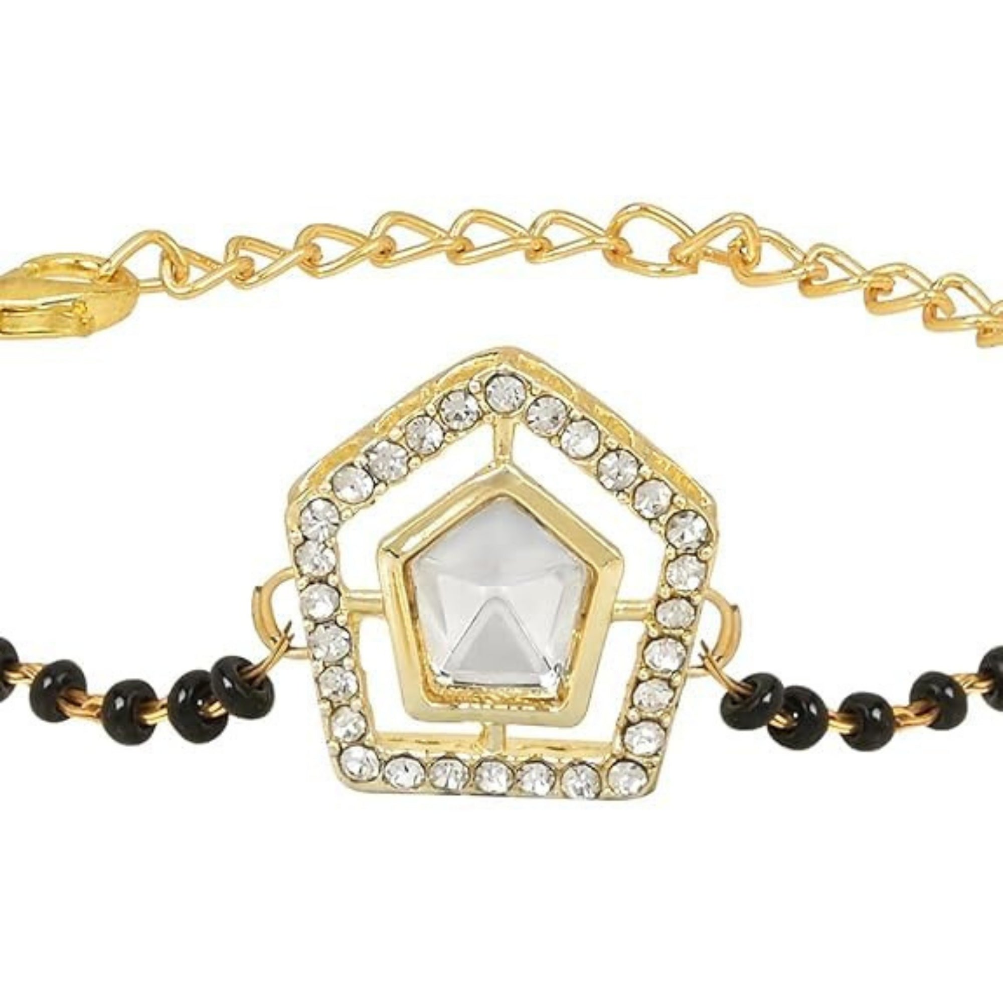 Etnico Gold Plated Traditional Adjustable Black Beads Mangalsutra Bracelet with White Pendant for Women (MB007W)
