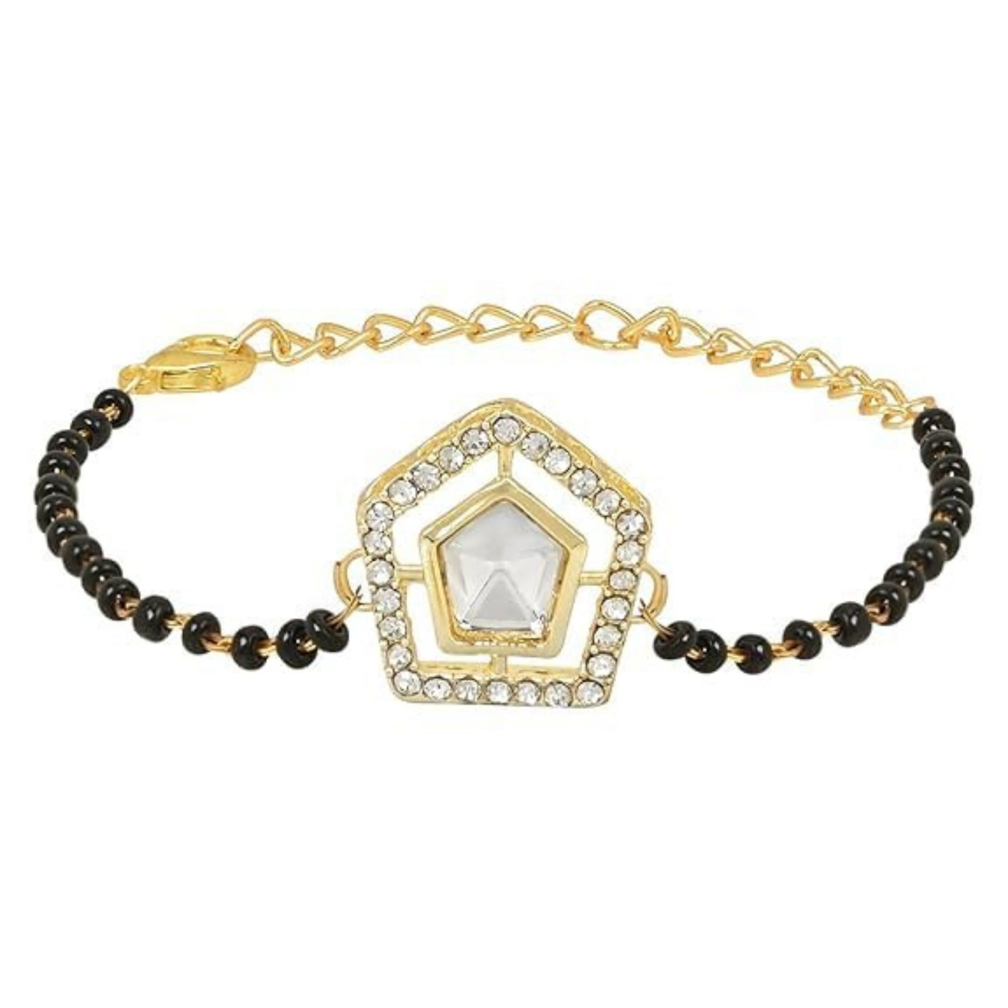 Etnico Gold Plated Traditional Adjustable Black Beads Mangalsutra Bracelet with White Pendant for Women (MB007W)