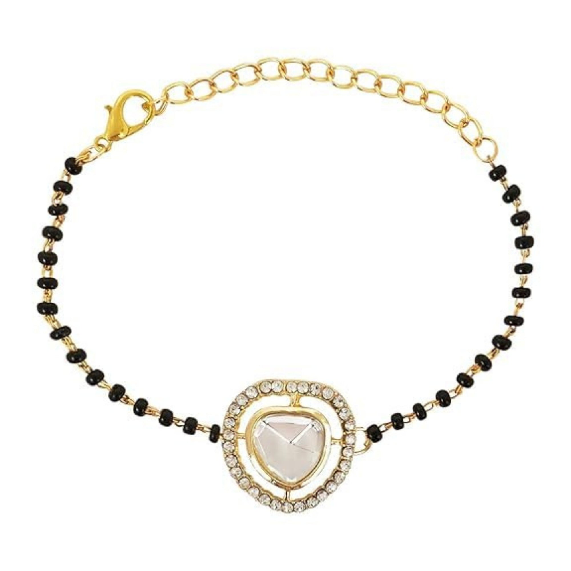 Etnico Gold Plated Traditional Adjustable Black Beads Mangalsutra Bracelet with White Pendant for Women (MB008W)