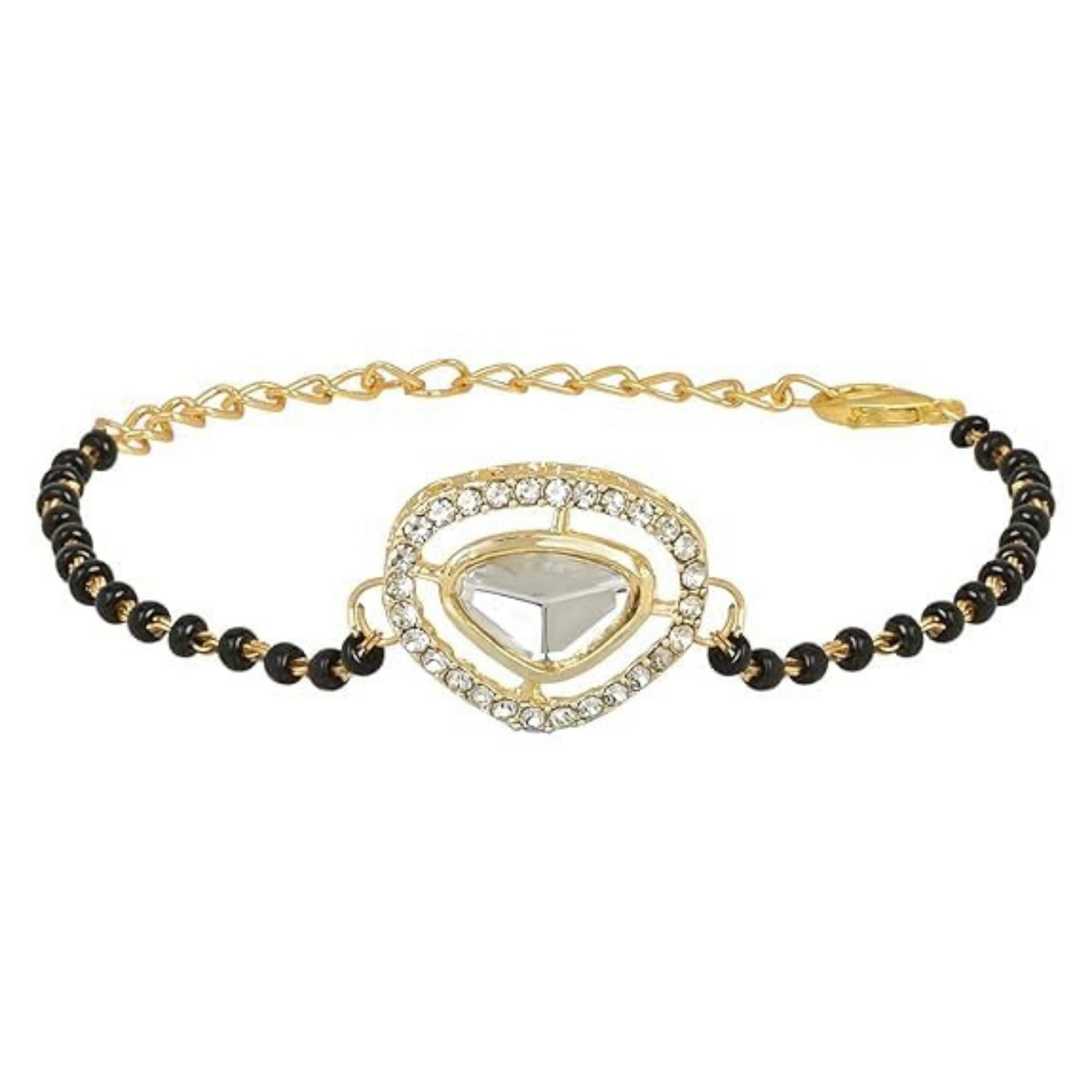 Etnico Gold Plated Traditional Adjustable Black Beads Mangalsutra Bracelet with White Pendant for Women (MB009W)