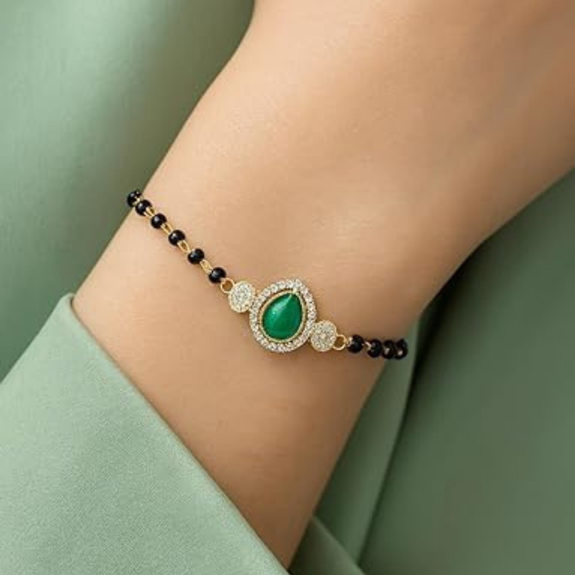 Etnico Gold Plated Traditional Adjustable Black Beads Mangalsutra Bracelet with White Pendant for Women (MB010G)