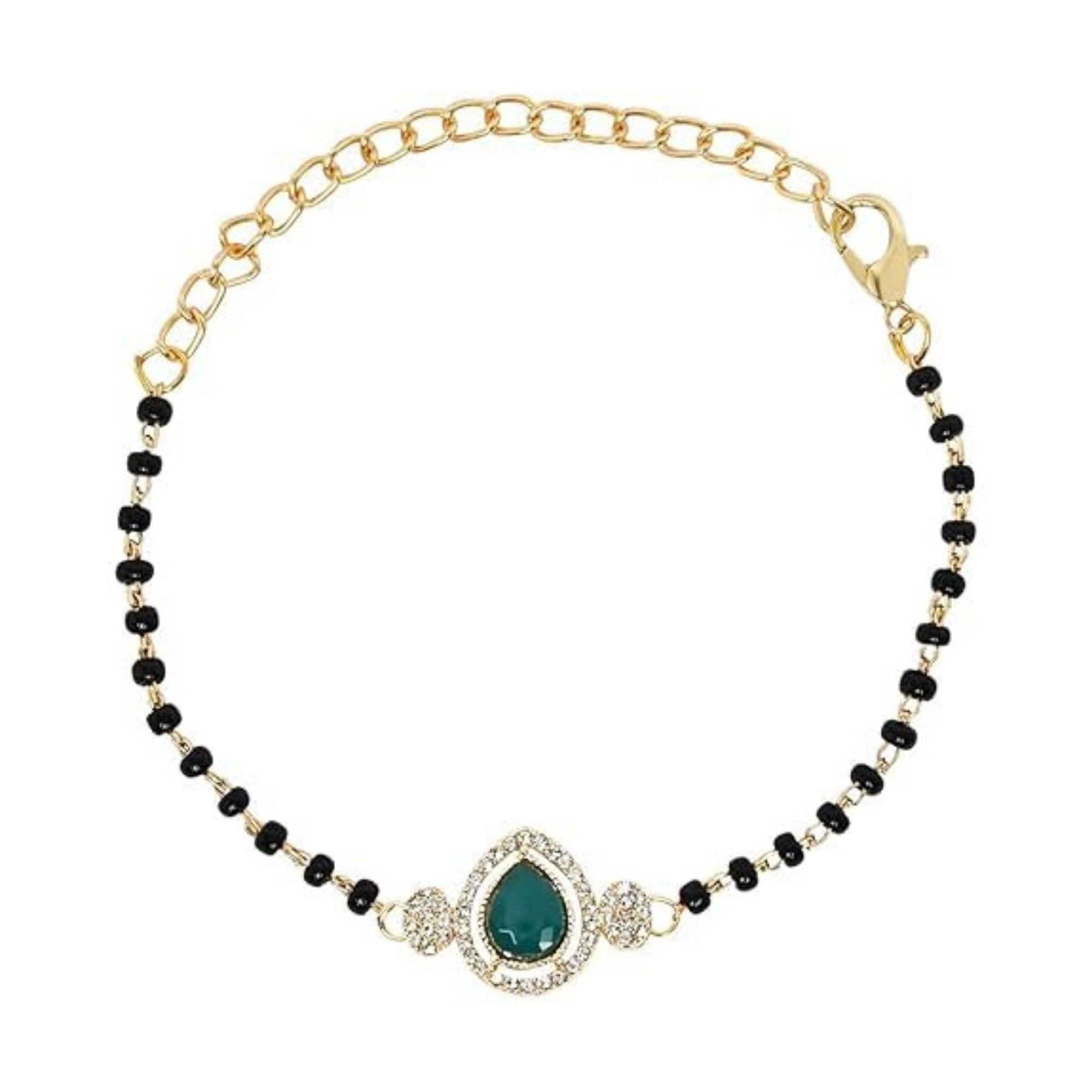 Etnico Gold Plated Traditional Adjustable Black Beads Mangalsutra Bracelet with White Pendant for Women (MB010G)