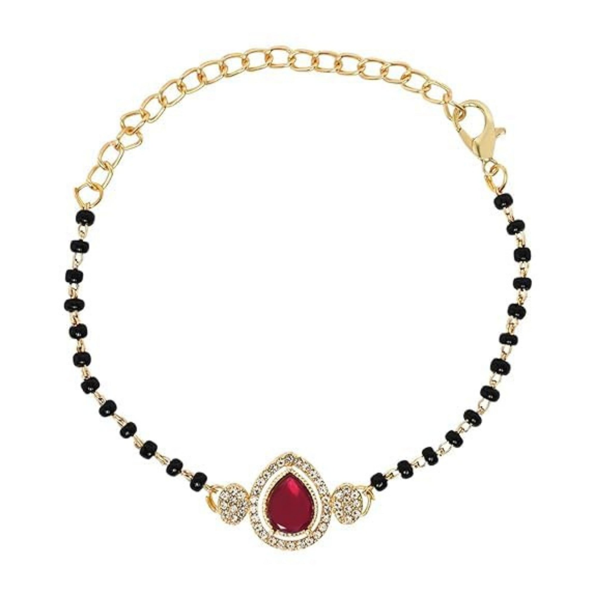Etnico Gold Plated Traditional Adjustable Black Beads Mangalsutra Bracelet with White Pendant for Women (MB010Q)