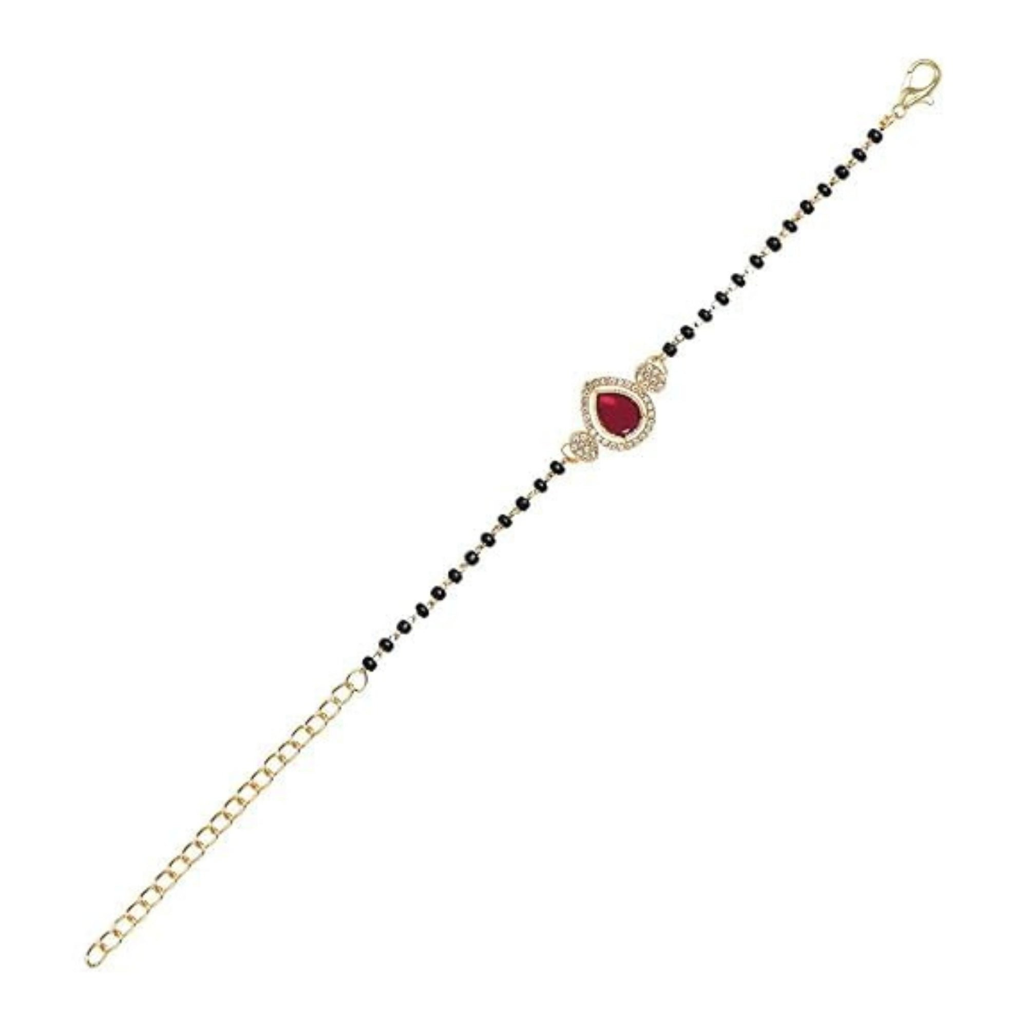 Etnico Gold Plated Traditional Adjustable Black Beads Mangalsutra Bracelet with White Pendant for Women (MB010Q)