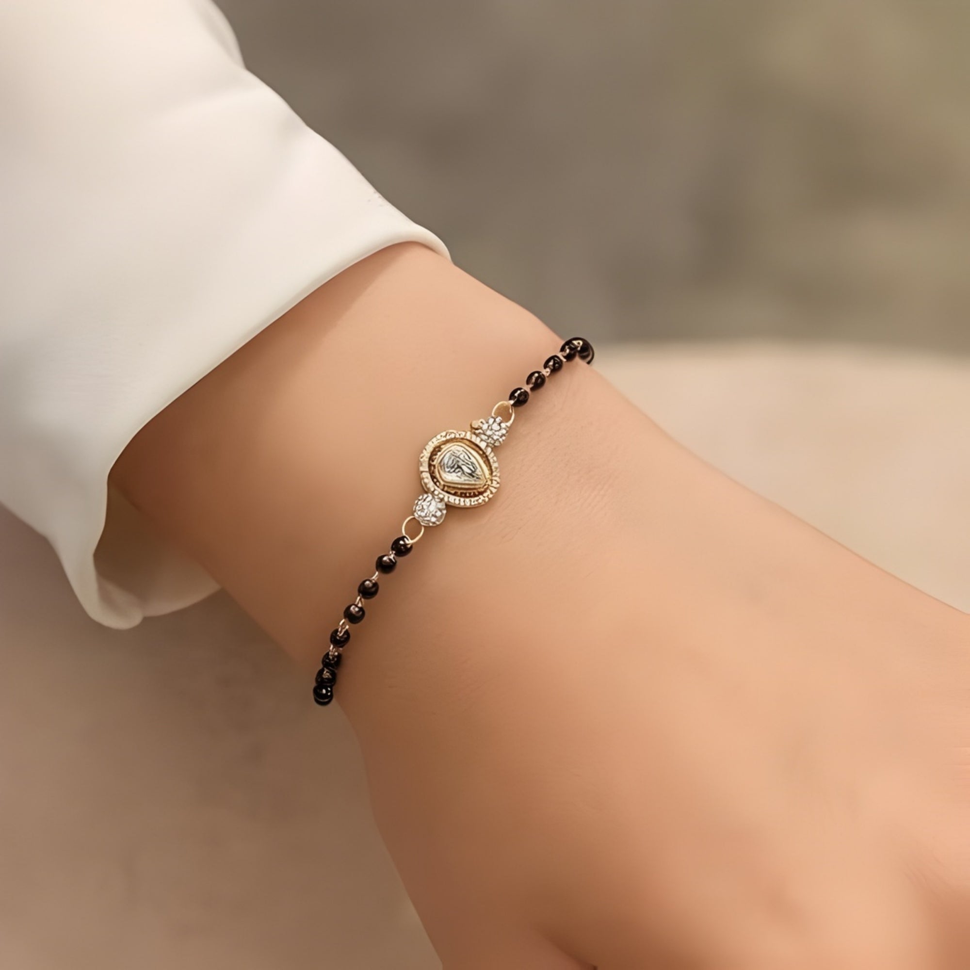 Etnico Gold Plated Traditional Adjustable Black Beads Mangalsutra Bracelet with White Pendant for Women (MB011W)