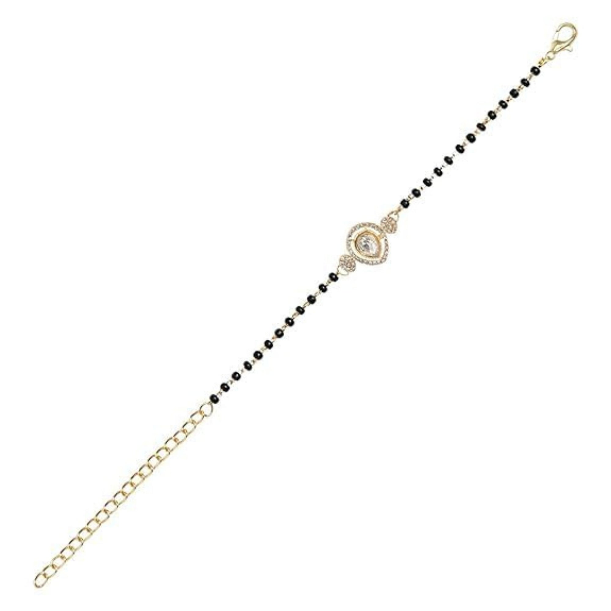 Etnico Gold Plated Traditional Adjustable Black Beads Mangalsutra Bracelet with White Pendant for Women (MB011W)
