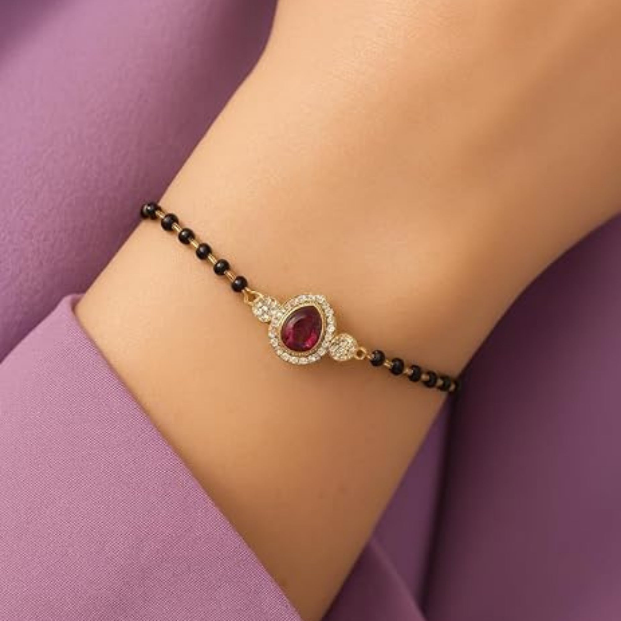 Etnico Gold Plated Traditional Adjustable Black Beads Mangalsutra Bracelet with White Pendant for Women (MB012Wi)