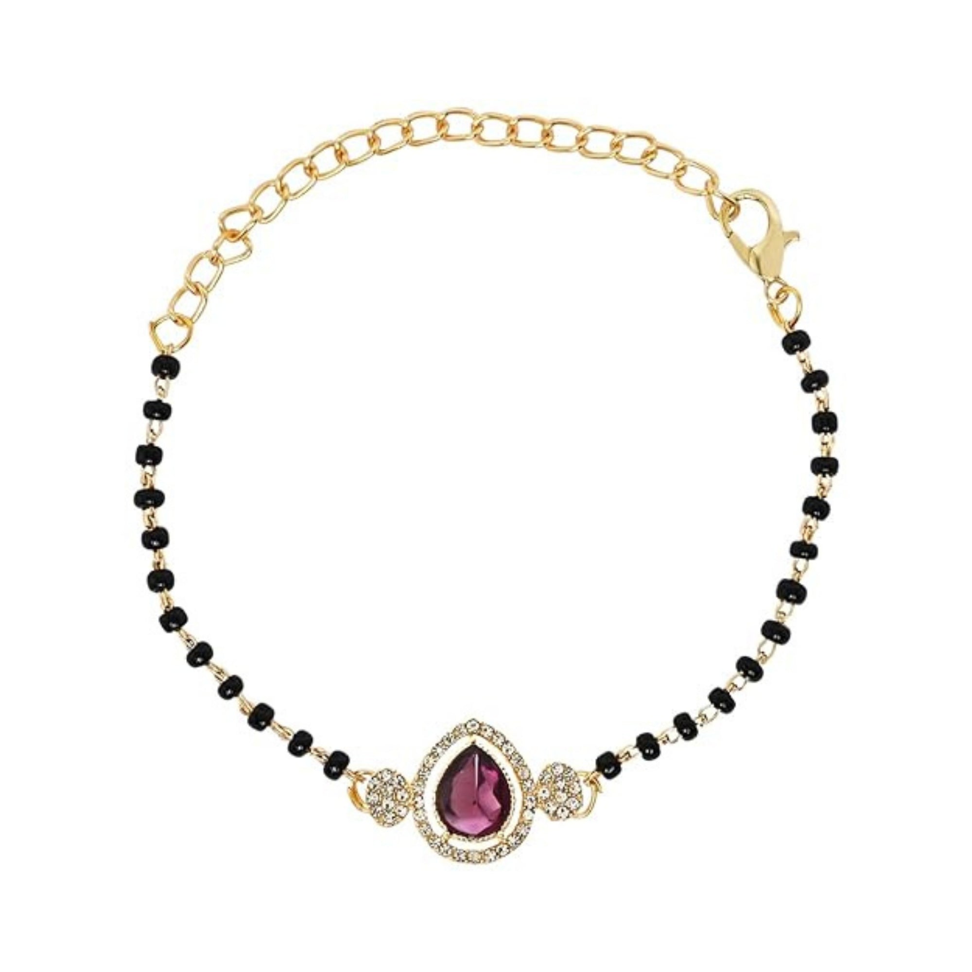 Etnico Gold Plated Traditional Adjustable Black Beads Mangalsutra Bracelet with White Pendant for Women (MB012Wi)