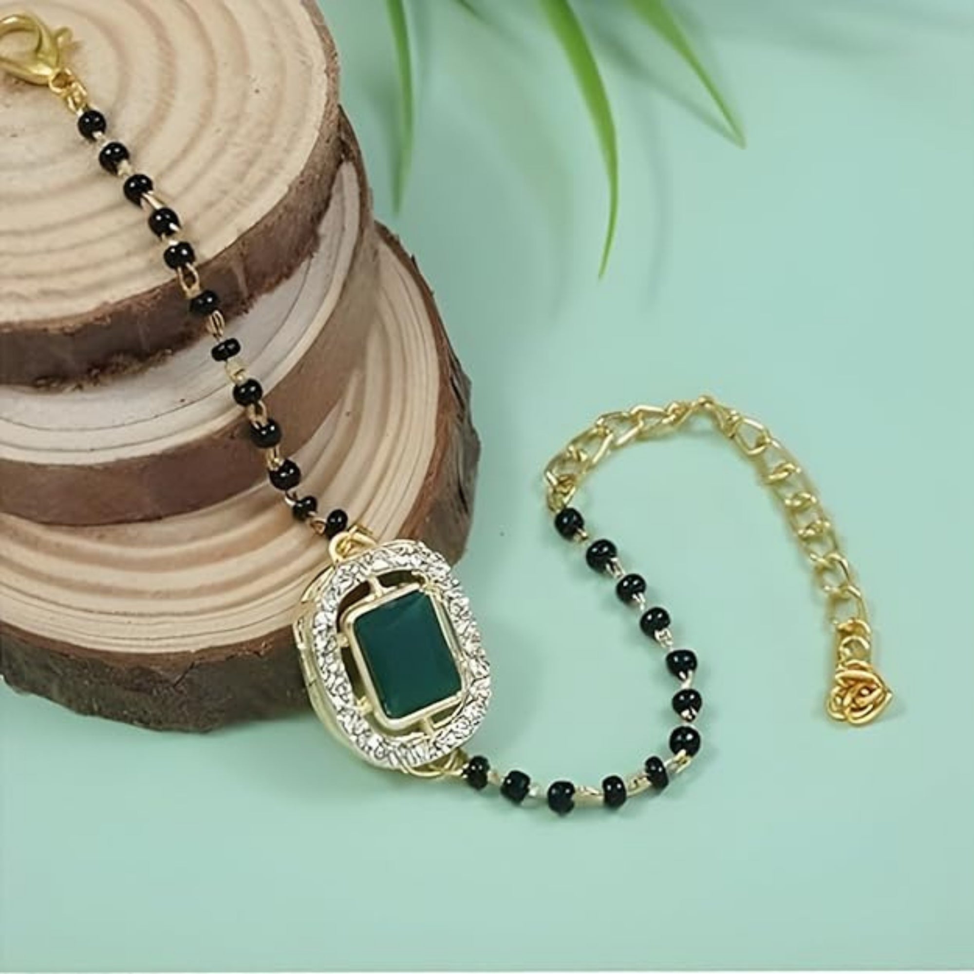 Etnico Gold Plated Traditional Adjustable Black Beads Mangalsutra Bracelet with White Pendant for Women (MB013G)