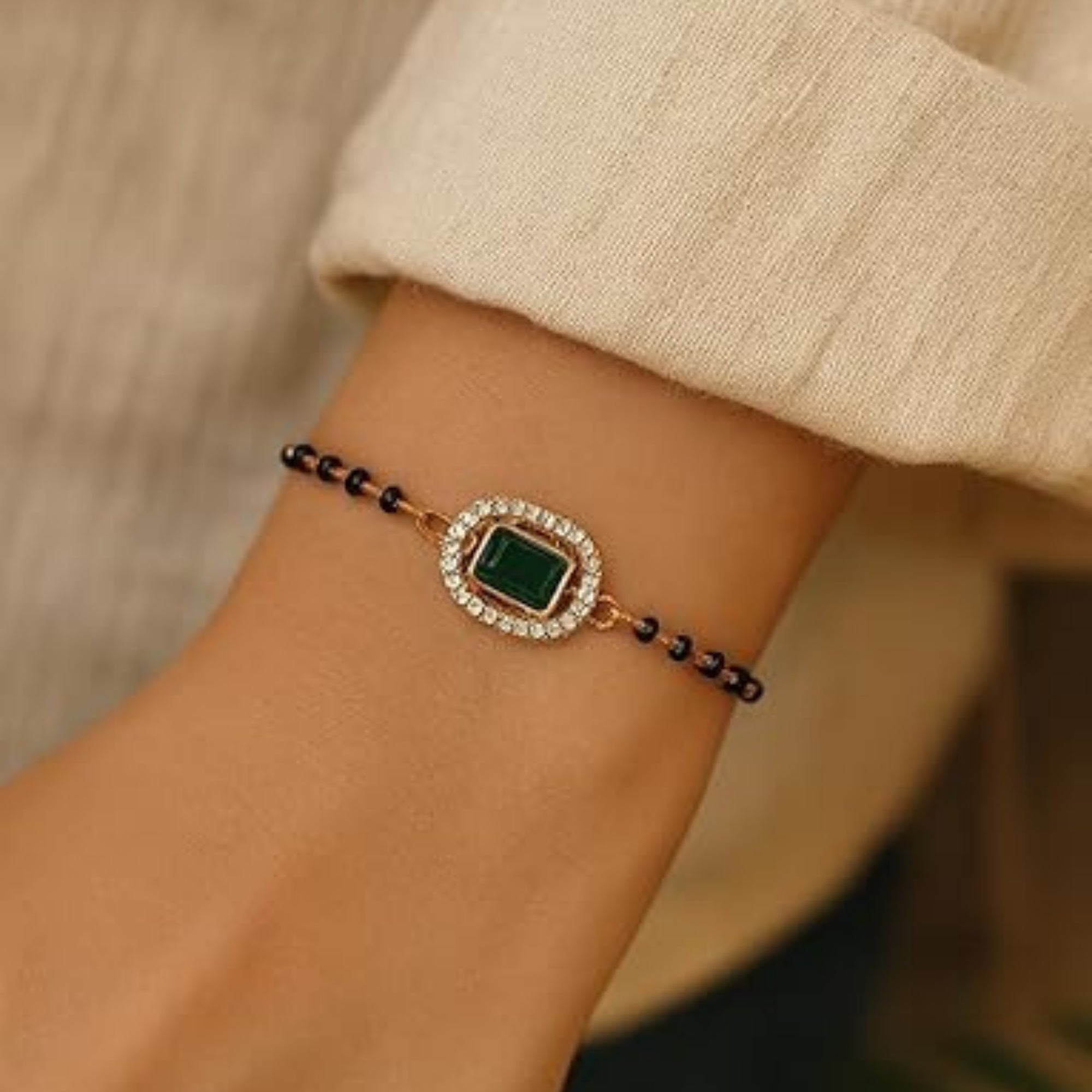 Etnico Gold Plated Traditional Adjustable Black Beads Mangalsutra Bracelet with White Pendant for Women (MB013G)