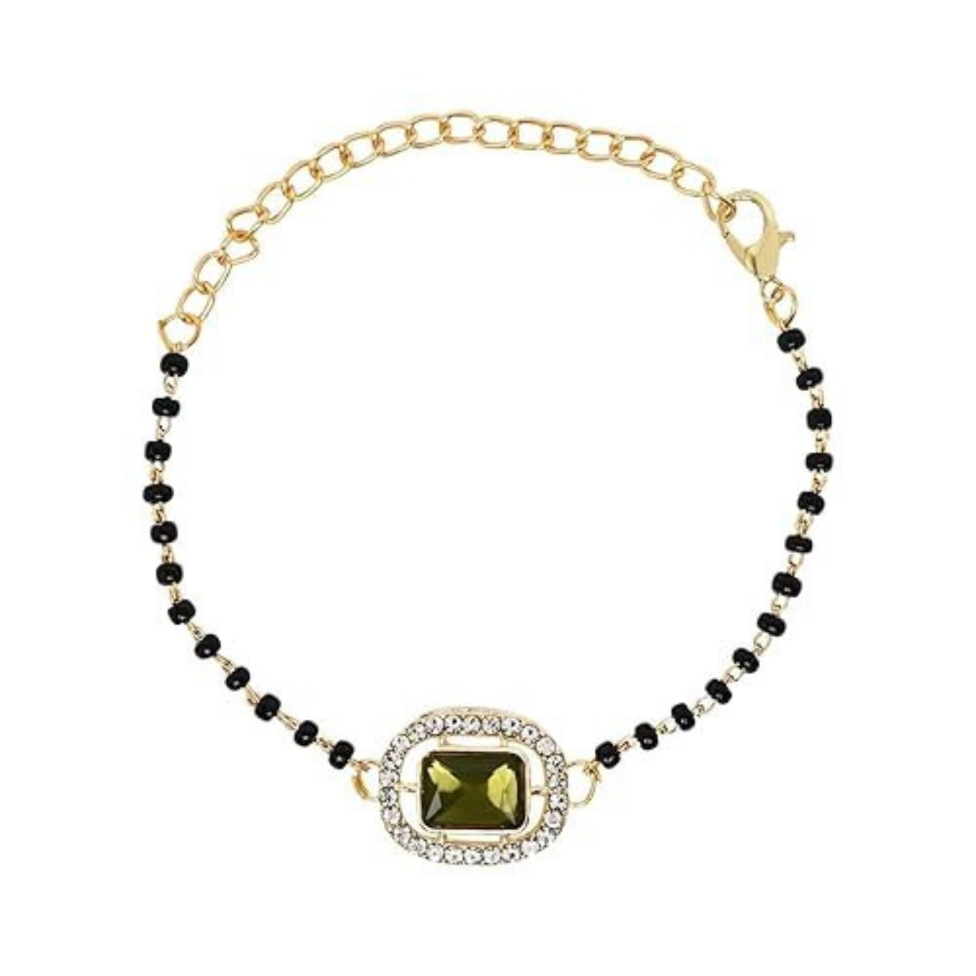 Etnico Gold Plated Traditional Adjustable Black Beads Mangalsutra Bracelet with White Pendant for Women (MB013Mh)