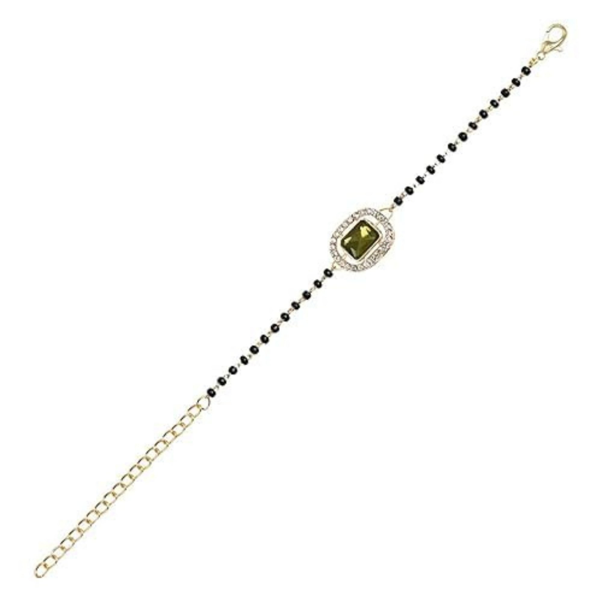 Etnico Gold Plated Traditional Adjustable Black Beads Mangalsutra Bracelet with White Pendant for Women (MB013Mh)