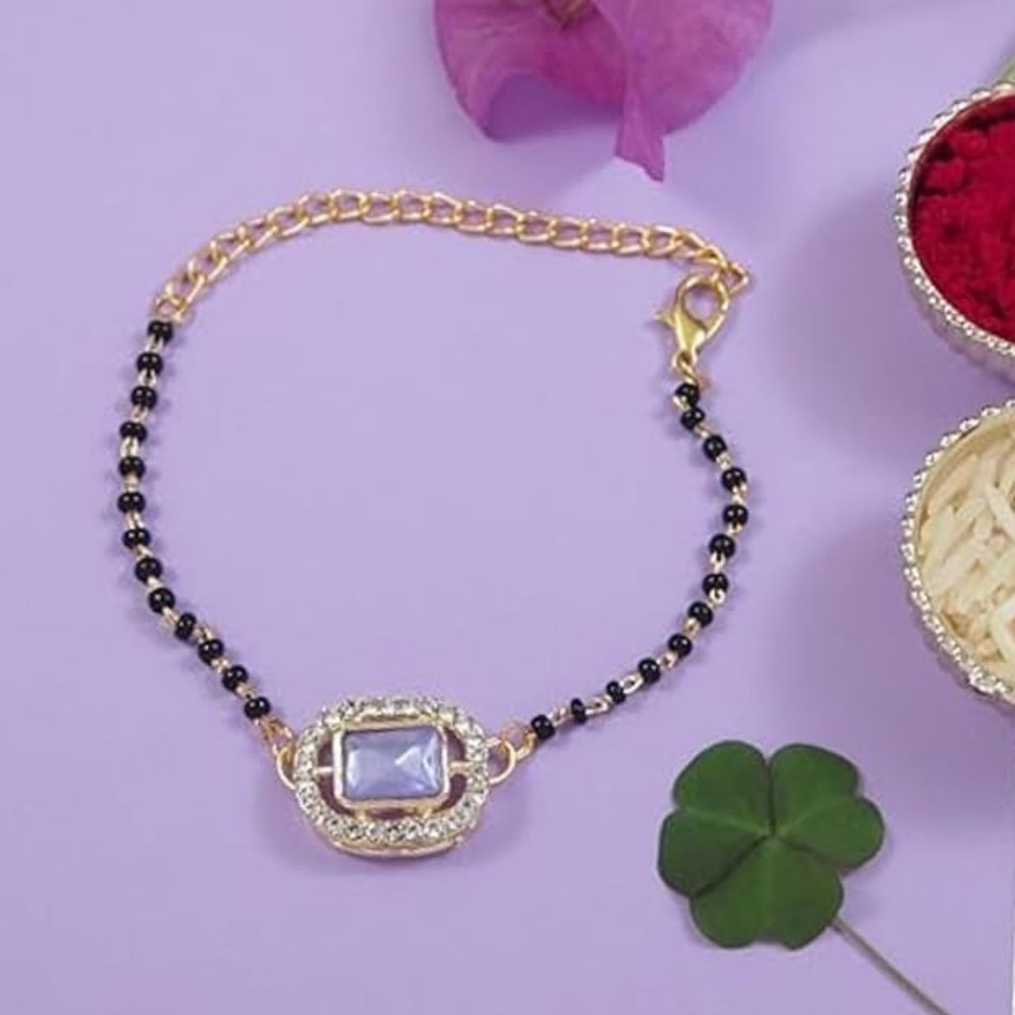 Etnico Gold Plated Traditional Adjustable Black Beads Mangalsutra Bracelet with White Pendant for Women (MB013Pu)