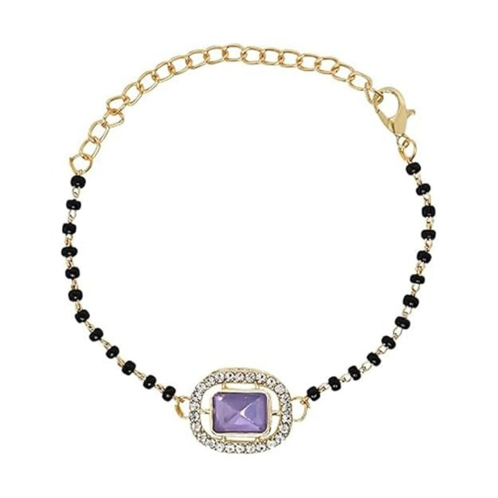 Etnico Gold Plated Traditional Adjustable Black Beads Mangalsutra Bracelet with White Pendant for Women (MB013Pu)