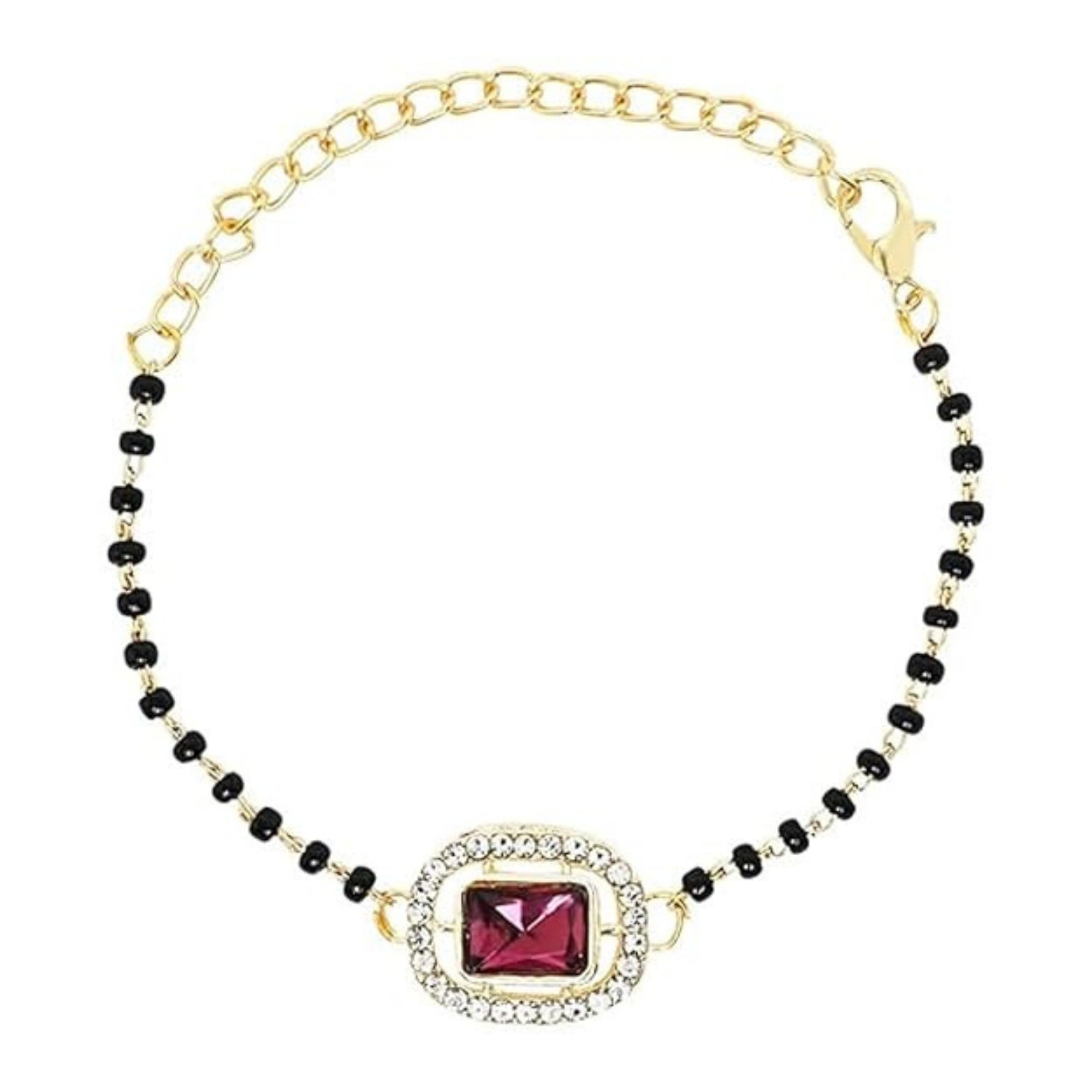 Etnico Gold Plated Traditional Adjustable Black Beads Mangalsutra Bracelet with White Pendant for Women (MB013Wi)
