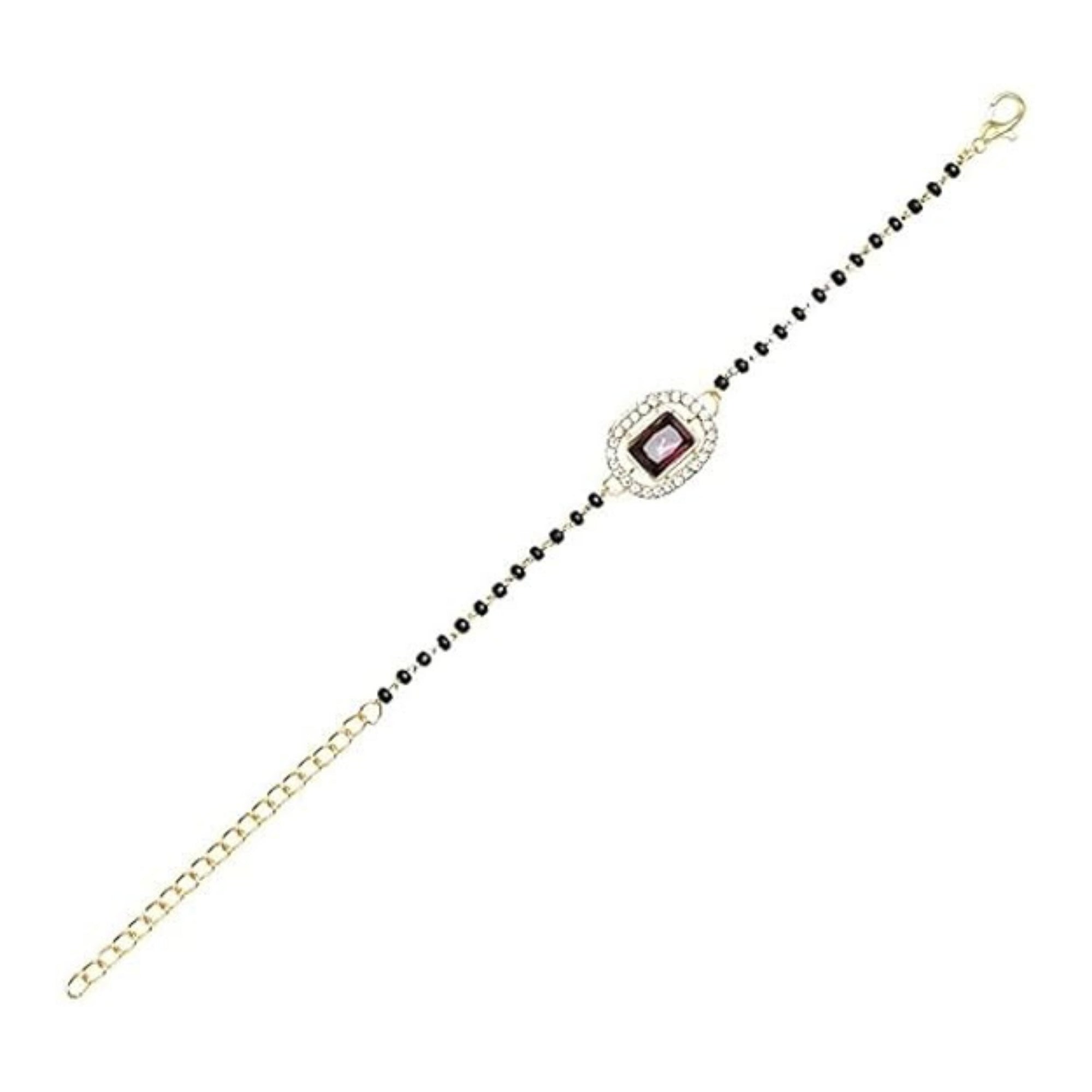 Etnico Gold Plated Traditional Adjustable Black Beads Mangalsutra Bracelet with White Pendant for Women (MB013Wi)