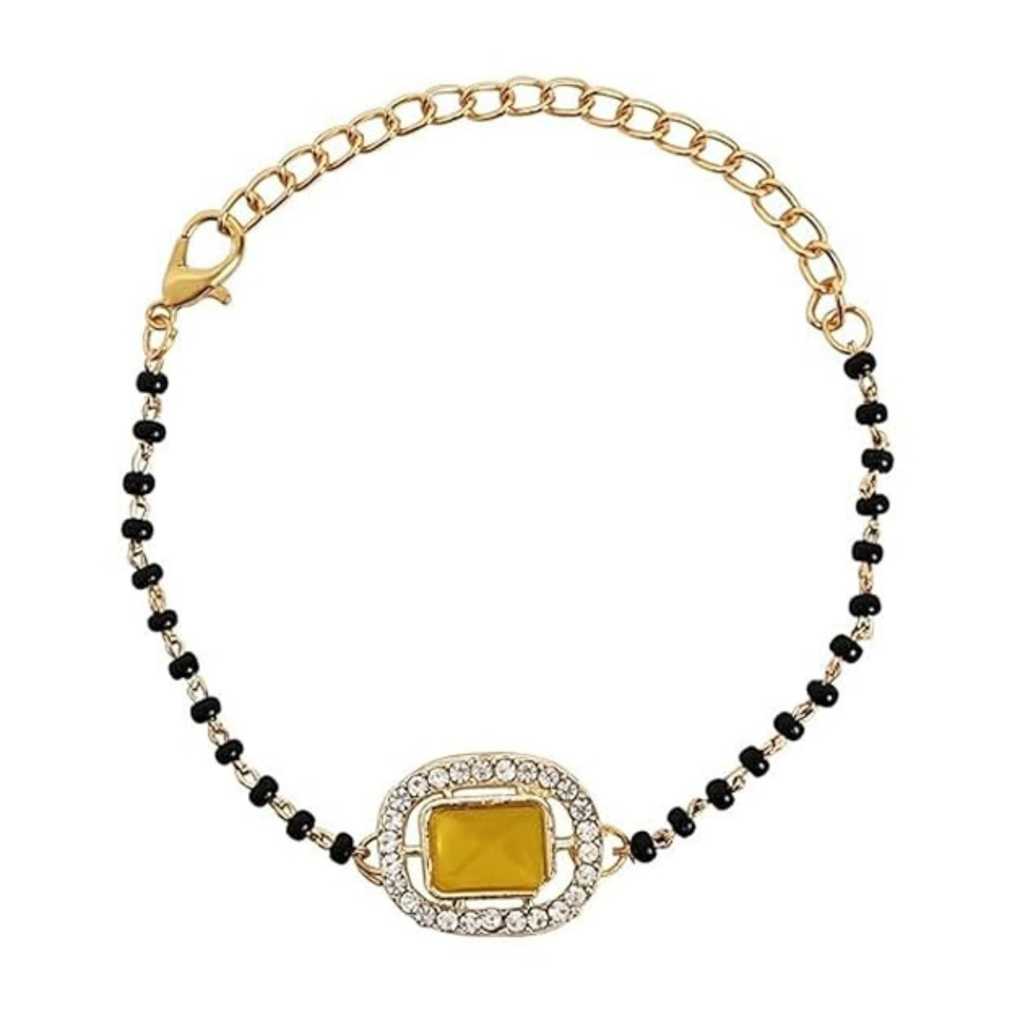 Etnico Gold Plated Traditional Adjustable Black Beads Mangalsutra Bracelet with White Pendant for Women (MB013Y)