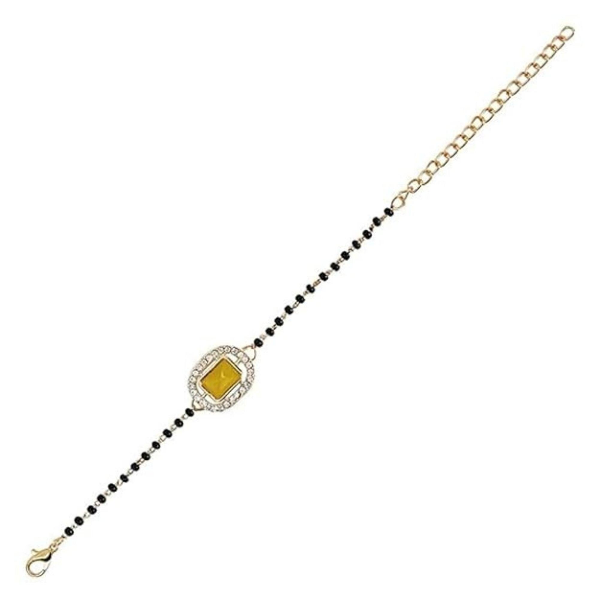Etnico Gold Plated Traditional Adjustable Black Beads Mangalsutra Bracelet with White Pendant for Women (MB013Y)