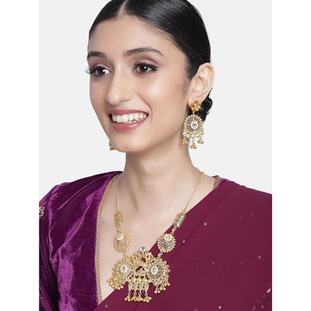 Etnico Gold Plated Antique Long Necklace Jewellery Set with Earrings for Women & Girls(MC096FL)