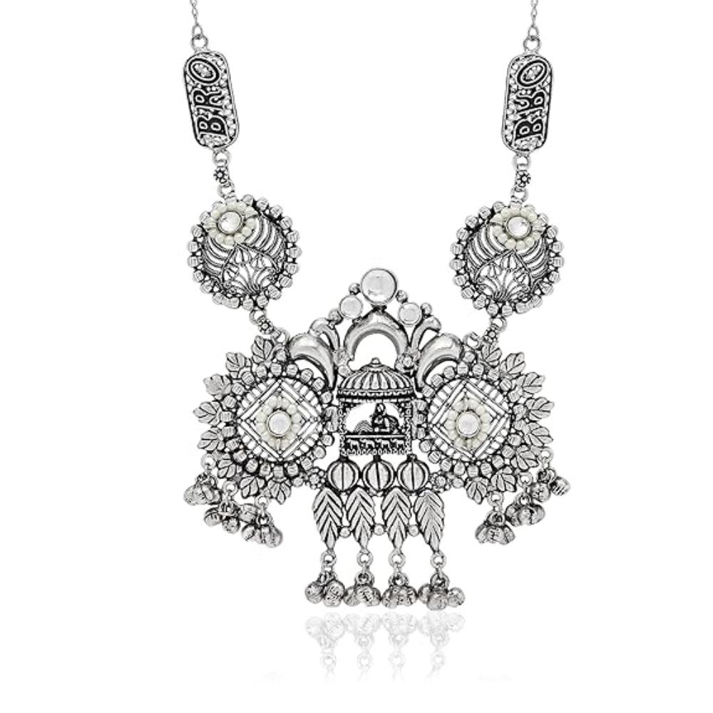 Etnico Navratri Ethnic German Silver Oxidised Jewellery Antique Long Necklace Set with Earrings for Women & Girls(MC096OX)