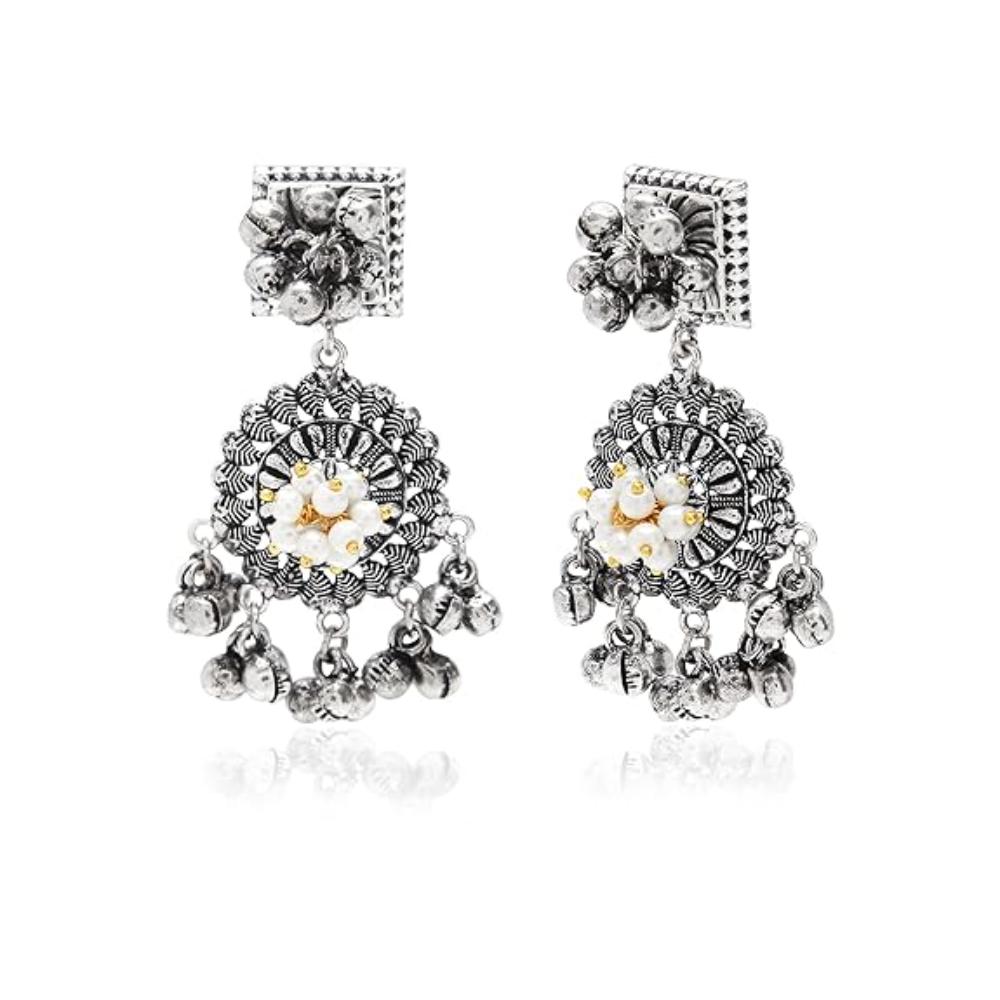 Etnico Navratri Ethnic German Silver Oxidised Jewellery Antique Long Necklace Set with Earrings for Women & Girls(MC096OX)