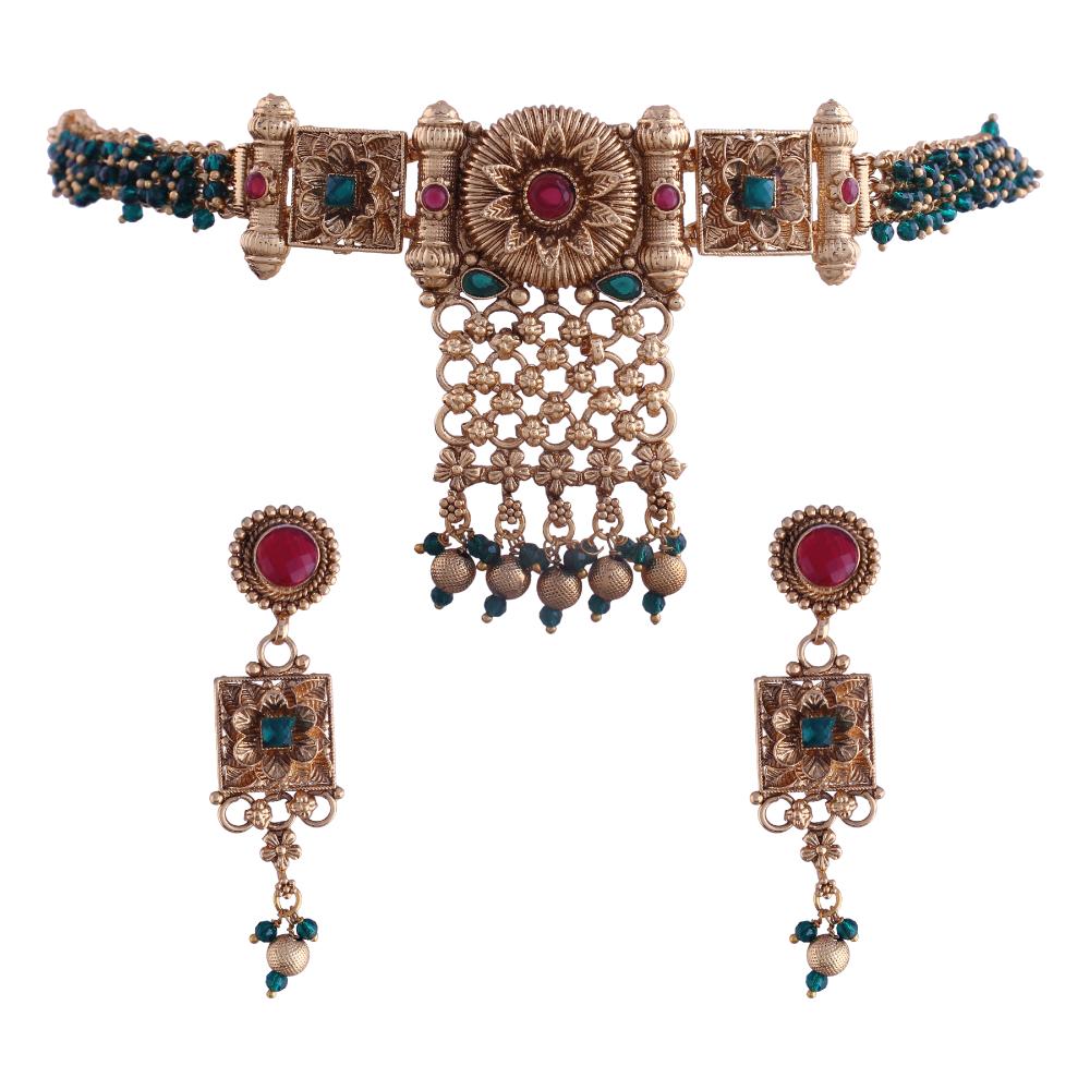 Etnico Gold Plated Traditional Brass Pearl Choker Necklace With Earrings for Women/Girls (MC111G)