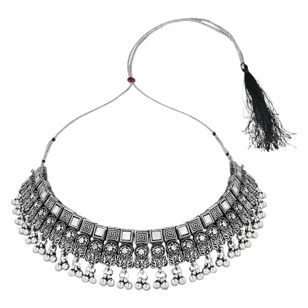 Etnico Ethnic Silver Oxidized Traditional Afghani Choker Necklace Jewellery Set for Women (MC135OX)