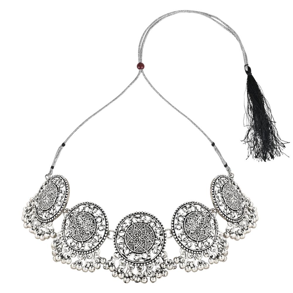 Etnico Ethnic Silver Oxidized Traditional Afghani Choker Necklace Jewellery Set for Women (MC136OX)