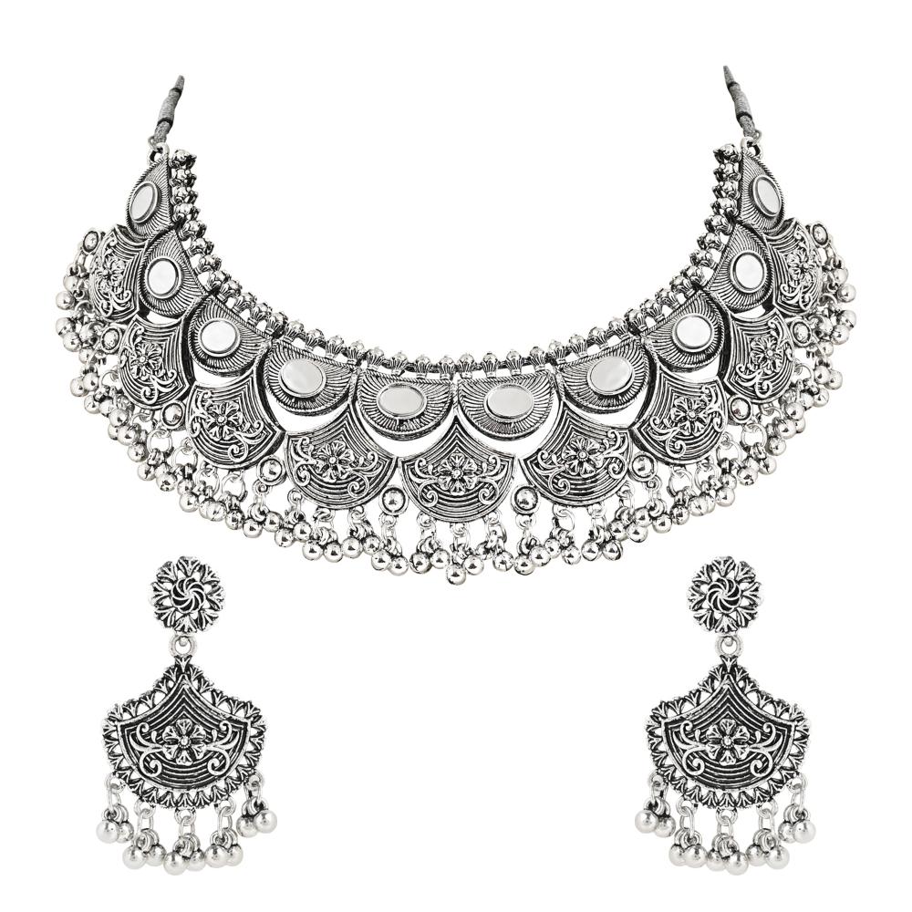 Etnico Ethnic Silver Oxidized Traditional Afghani Choker Necklace Jewellery Set for Women (MC145OX)