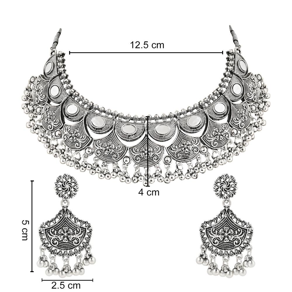 Etnico Ethnic Silver Oxidized Traditional Afghani Choker Necklace Jewellery Set for Women (MC145OX)
