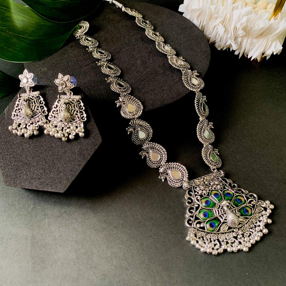 Etnico Silver Oxidised Ethnic Peacock Feather Ghungroo Long Necklace J