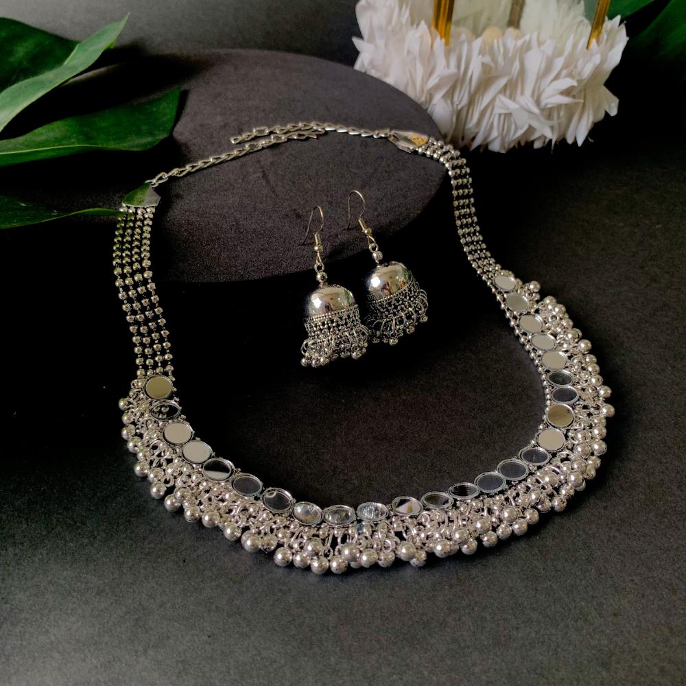 Etnico Ethnic Silver Oxidised Mirror Work Ghungroo Necklace Jewellery
