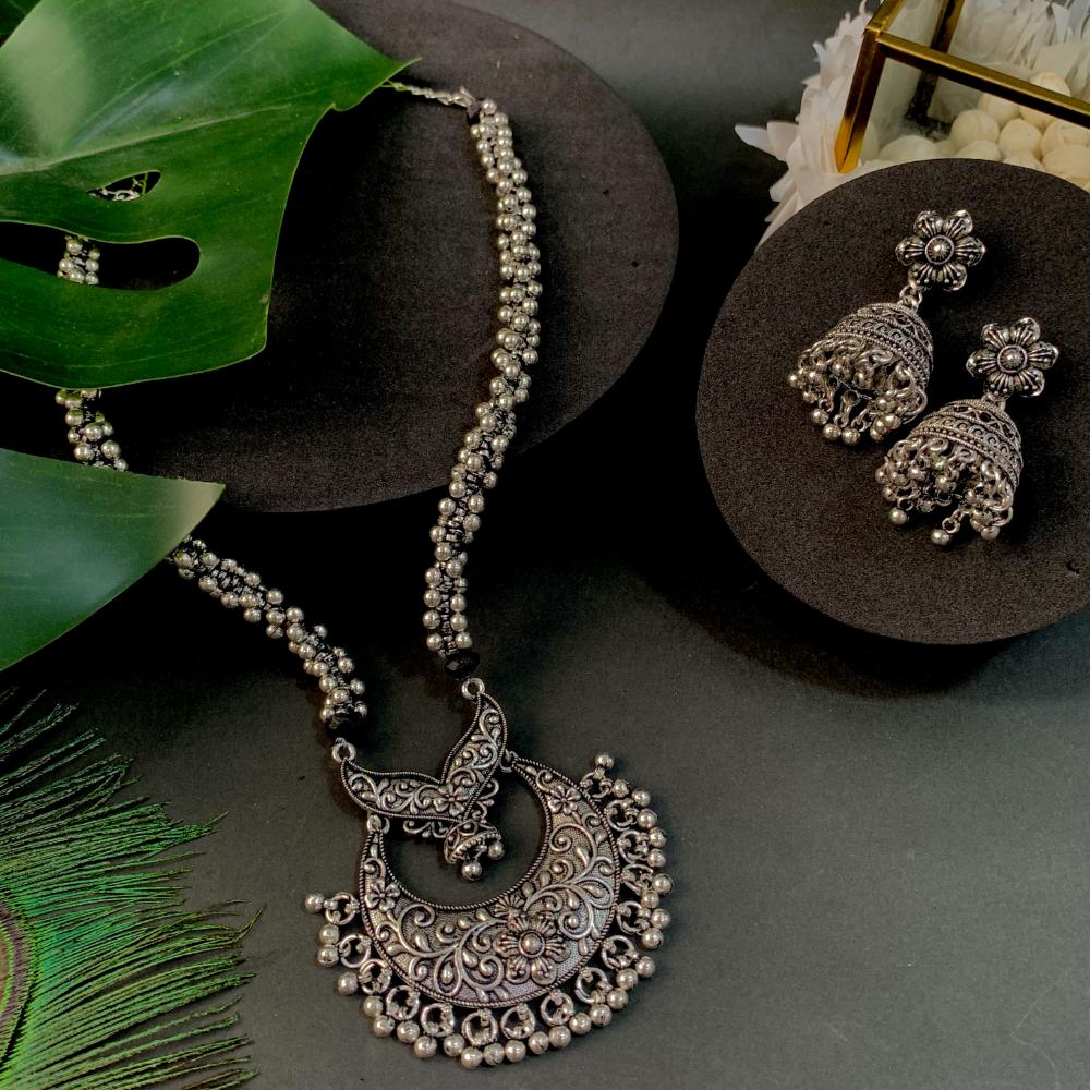 Etnico Ethnic Silver Oxidised Floral Design Ghungroo Long Necklace Jewellery With Jhumka Earrings Set For Women/Girls (MC169OX)