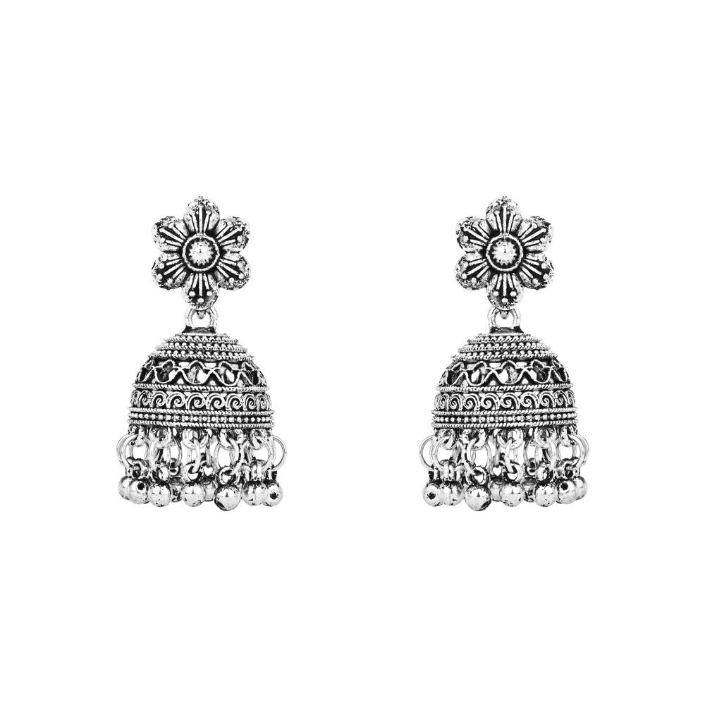 Etnico Ethnic Silver Oxidised Floral Design Ghungroo Long Necklace Jewellery With Jhumka Earrings Set For Women/Girls (MC169OX)
