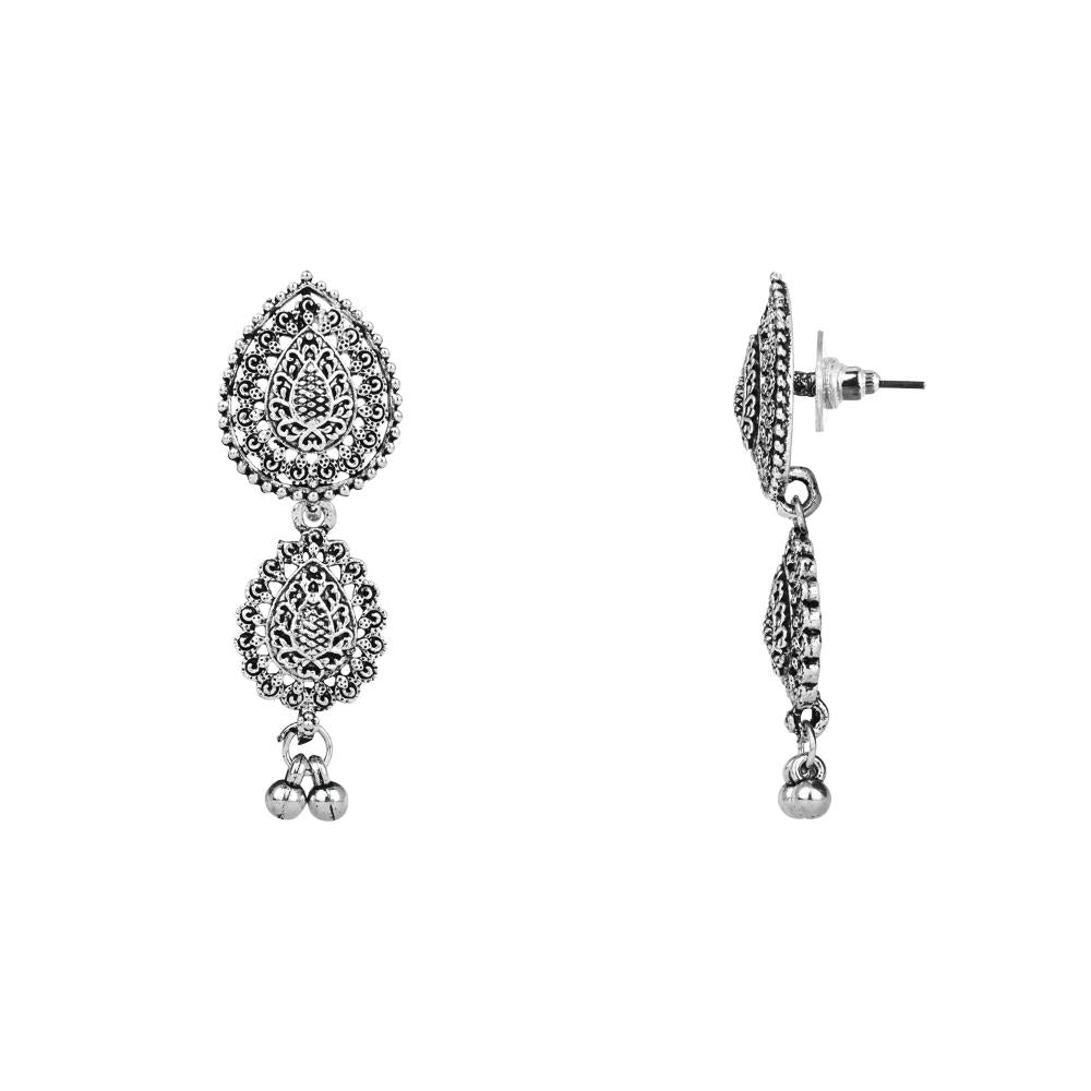Etnico Ethnic Silver Oxidised Floral Design Ghungroo Long Necklace Jewellery With Jhumka Earrings Set For Women/Girls (MC171OX)