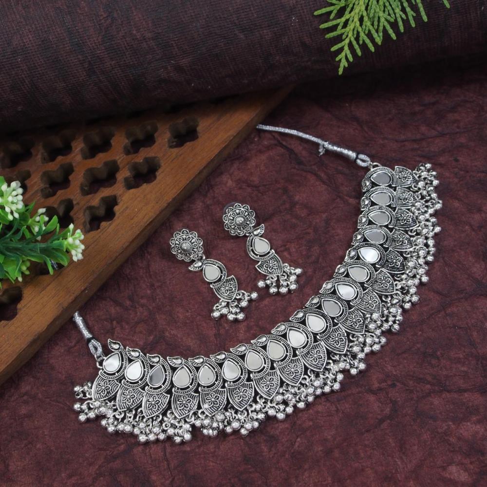 Etnico Silver Oxidised Afghani Ghungroo Drop Choker Necklace With