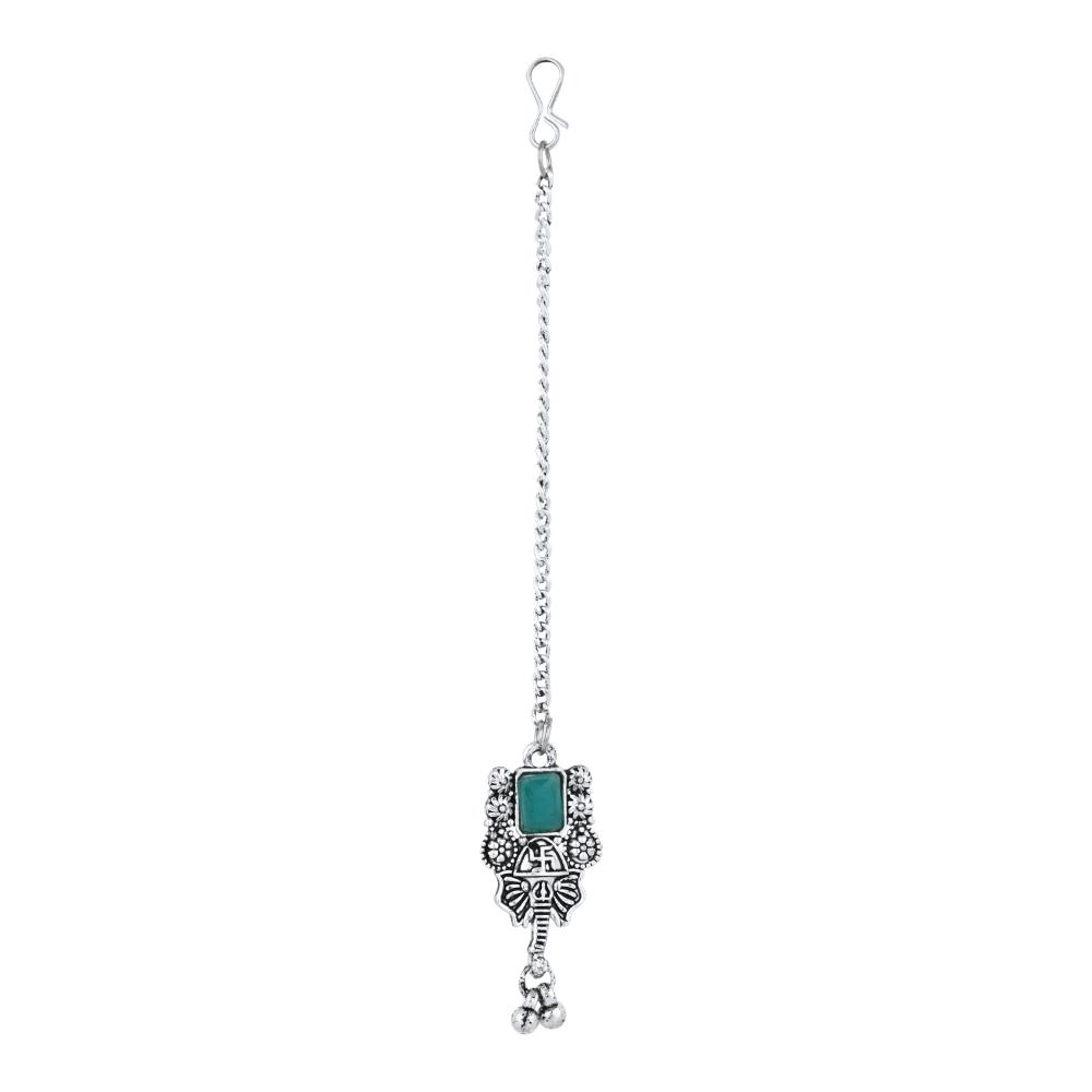 Etnico Boho Silver Oxidised Choker Necklace With Earrings & Maang Tikka Set (MC181ZMG)