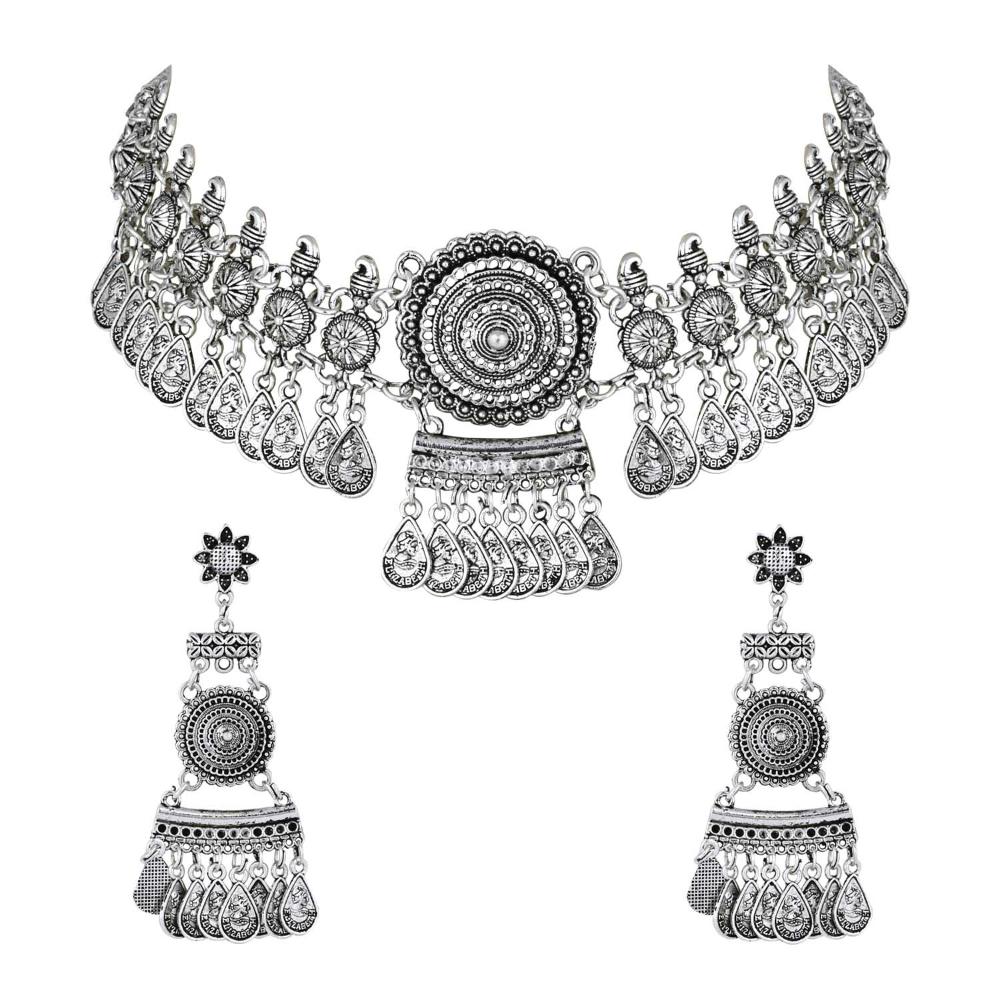 Etnico Silver Oxidised Afghani Choker Necklace & Earrings Set For Women (MC192OX)