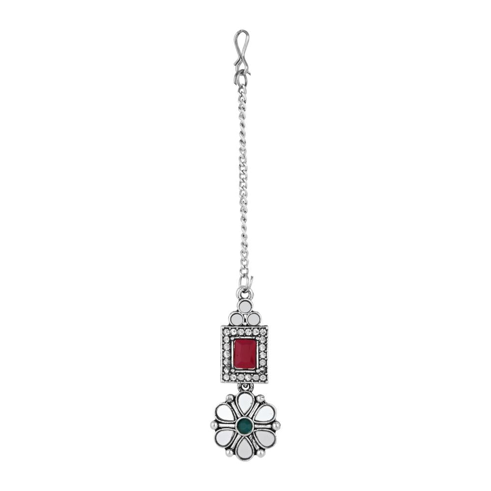Etnico Silver Oxidised Floral Mirror Work Choker Necklace & Earrings Set For Women (MC201ZMG)