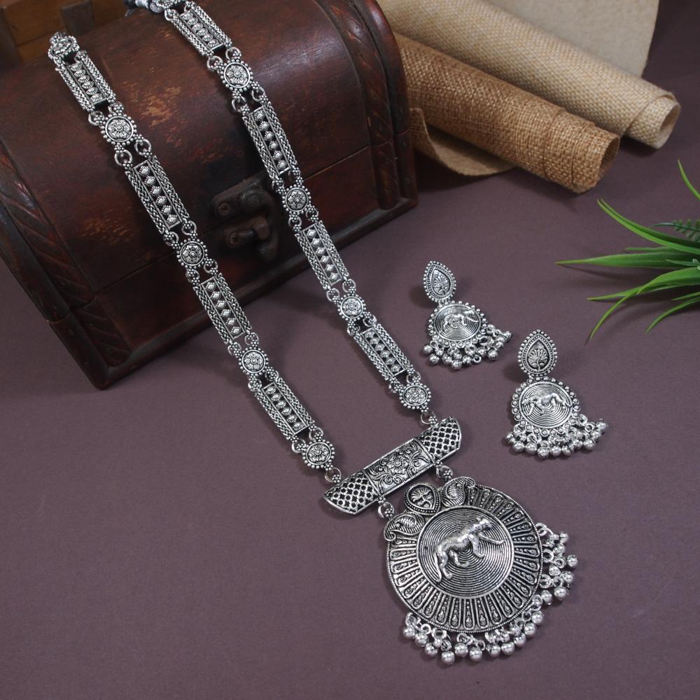 Etnico Silver Oxidised Long Necklace & Earrings Set For Women