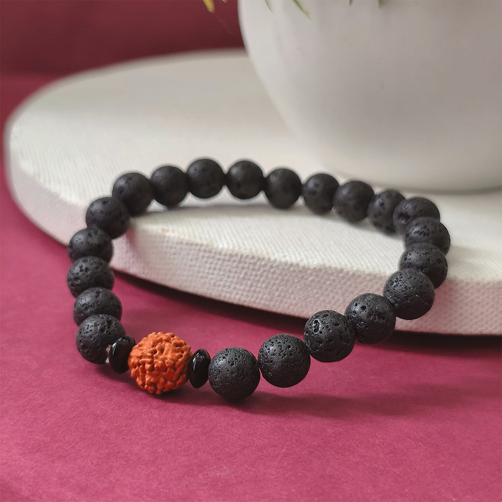 Etnico Lava Stone & Rudraksha Stretchable Bead Bracelet for Strength, Calmness & Spiritual Balance (MJB005B)