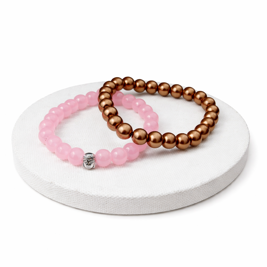 Etnico Pink Bead Bracelet with Buddha Accent & Metallic Hematite Bead Bracelet Combo Set (MJB006-CO)
