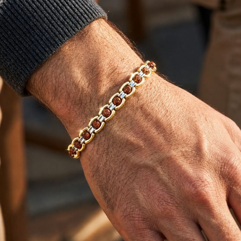 Etnico Gold Silver Plated Rudraksha Bracelet for Men Women | Unisex Spiritual Link Bracelet | Rudraksha Beads Energy Bracelet for Balance, Harmony & Positive Energy | Meditation Yoga Bracelet | Gift for Men Women (MJB008ZFL)