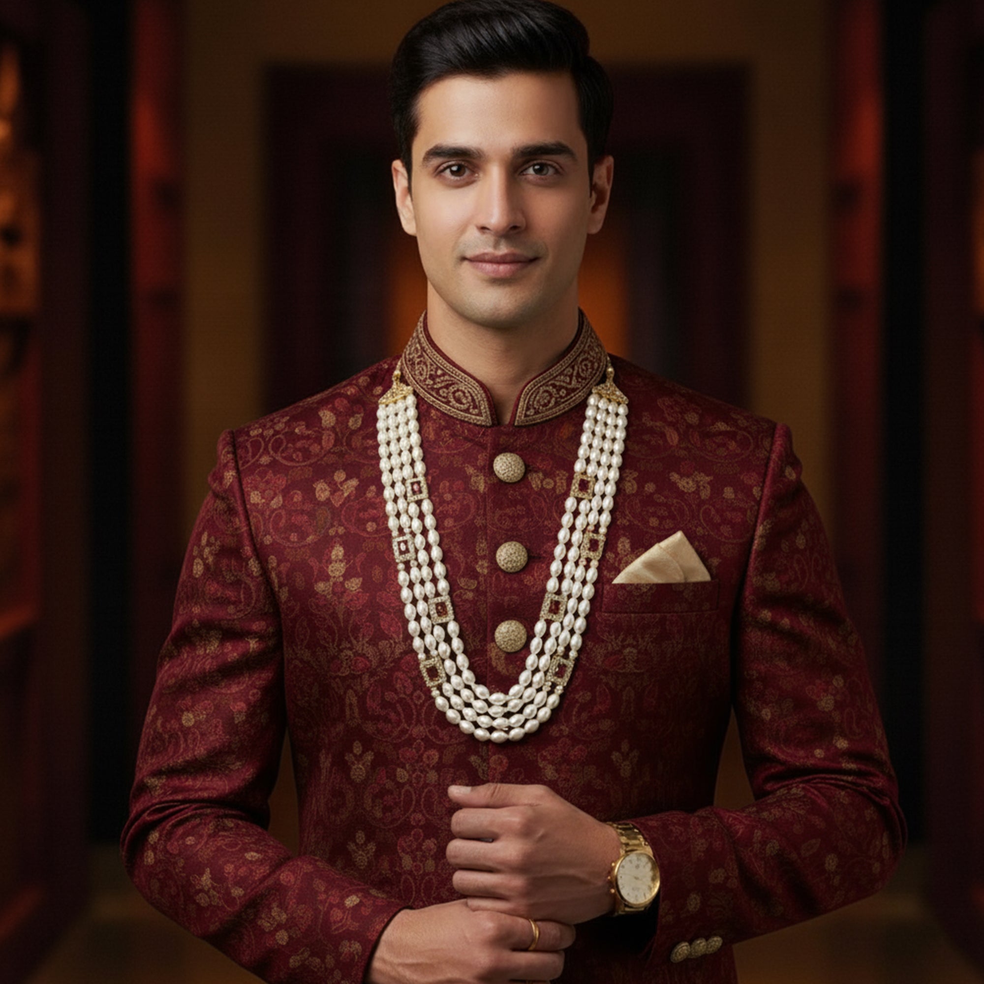Mahi Royal Multi-Layered Artificial Pearls Crystals Dulha Mala for Groom Traditional Wedding Jewelry with Red Stone Detailing | Ethnic Maharaja Haar for Men (ML1103874G)