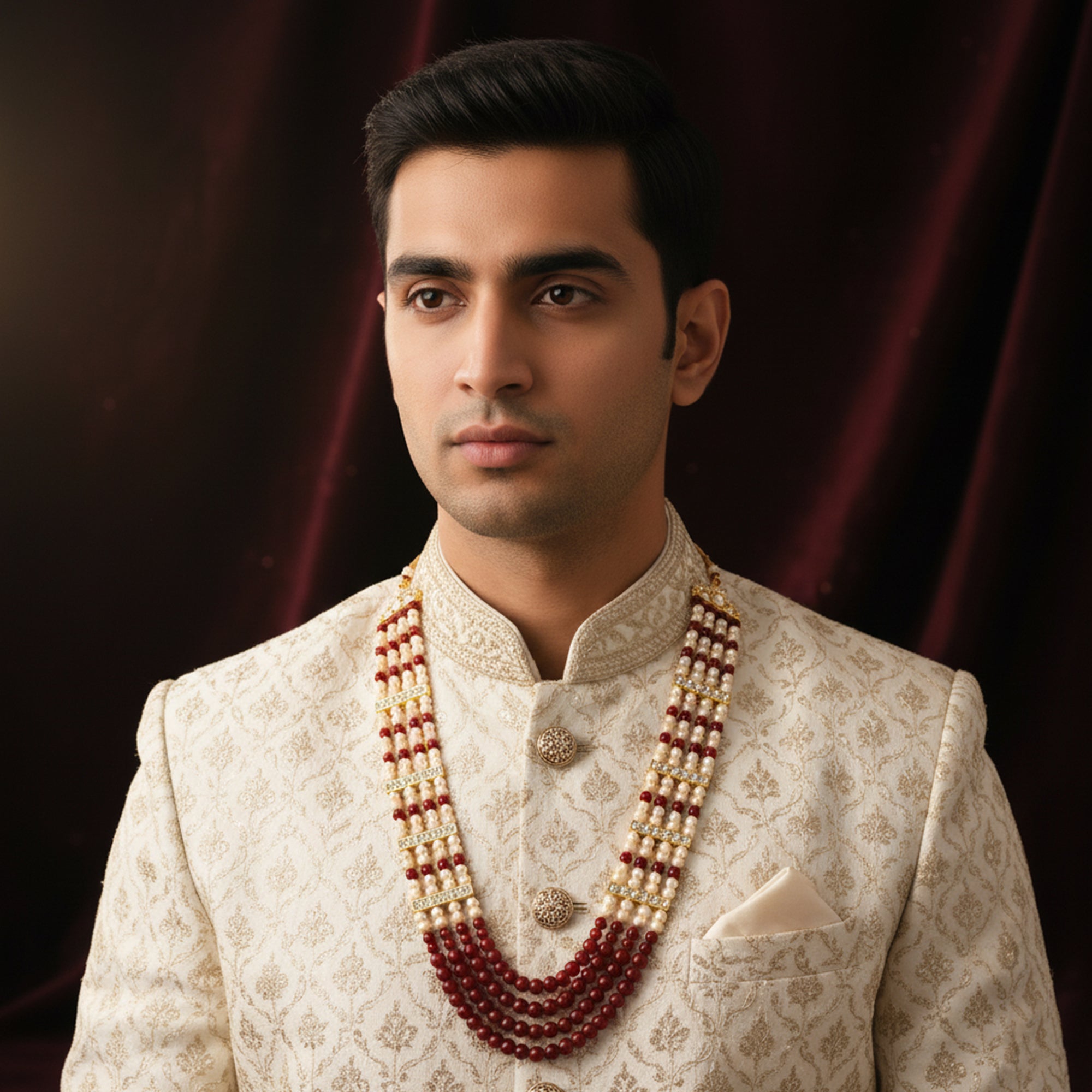 Mahi Multi-Layer Artificial Pearl & Maroon Beads Necklace | Wedding Sherwani Jewellery for Men | Ethnic Dulha Haar for Marriage Ceremony (ML1103875G)