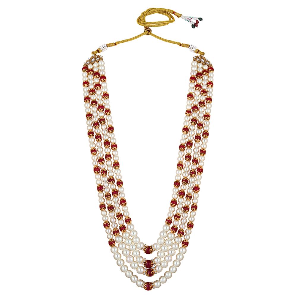 Mahi 4 Layers Red and White Artificial Beads Base Groom / Dulha Mala Moti Haar Necklace for Men (ML1108109GRed)