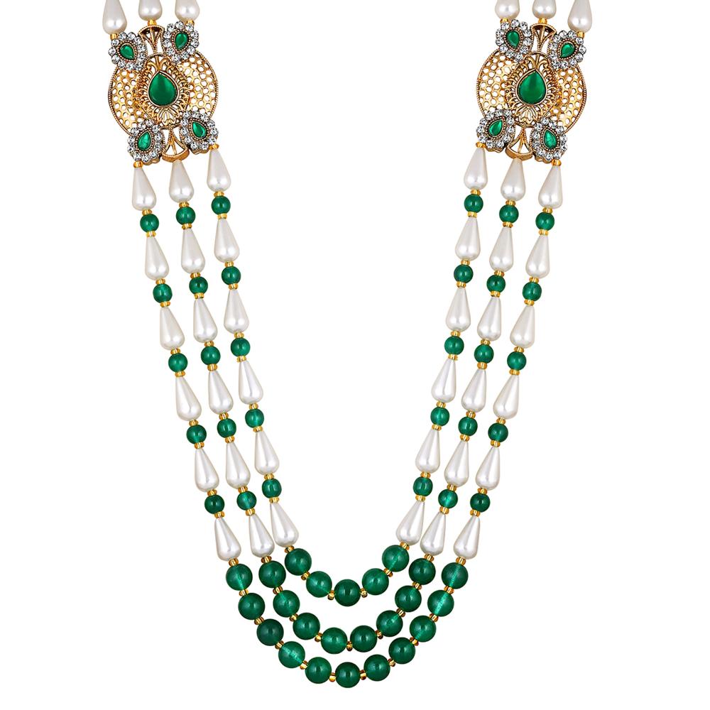 Mahi 3 Layers Green and White Artificial Beads Base Groom / Dulha Mala Moti Haar Necklace for Men (ML1108110GGre)