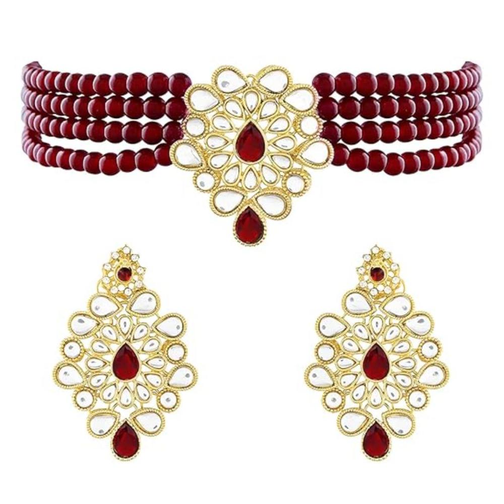 Etnico Gold Plated Kundan & Pearl Choker Necklace & Earrings Set For Women (ML263M)