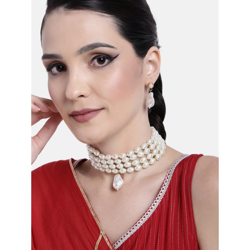 Etnico Gold Plated Traditional Pearl Beaded Stylish Moti Choker Necklace Jewellery Set with Earrings for women (ML314W)